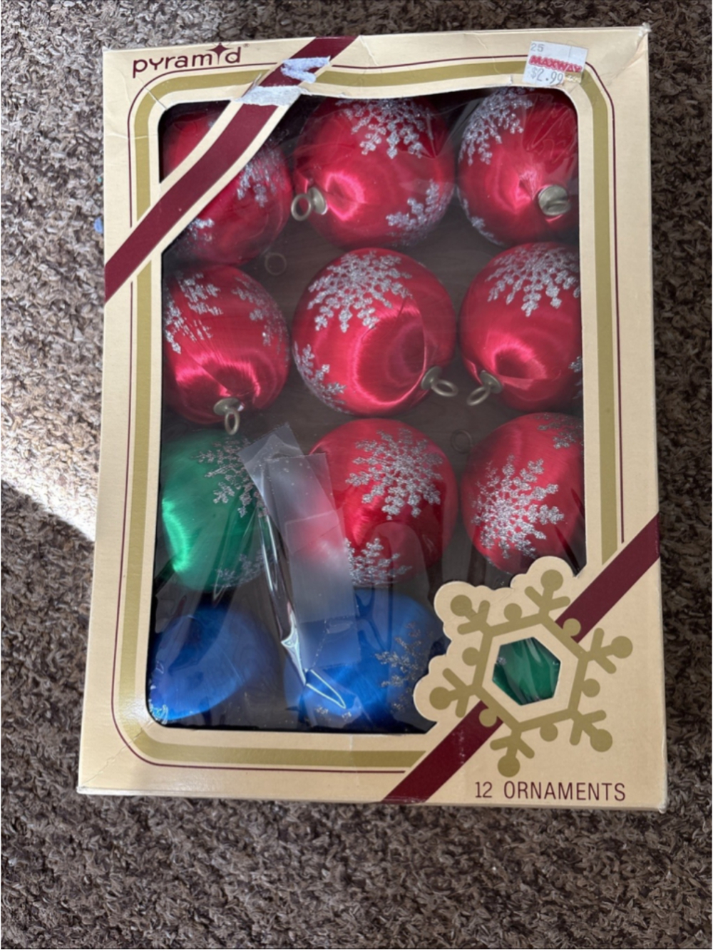 12 Vintage Pyramid Christmas Satin Sheen Ball Ornaments Unbreakable NIB
